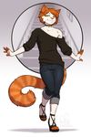  anthro bare_shoulder brown_hair cat clothed clothing collar crossdressing feline footwear front_view fully_clothed fur girly gradient_background hair half-closed_eyes hi_res high_heels jesse_(biscuits) kittydee looking_at_viewer male mammal simple_background smile solo standing striped_tail stripes white_fur 