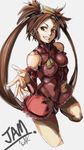  bare_shoulders breasts brown_eyes brown_hair china_dress chinese_clothes cropped_legs detached_sleeves dress grin guilty_gear hair_tubes highres kuma_(jk0073) kuradoberi_jam long_hair medium_breasts reaching_out red_dress smile solo very_long_hair 