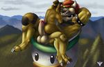  2016 abs anthro balls biceps big_muscles bowser butt claws detailed_background digital_media_(artwork) duo erection eyewear fur glasses hair hat horn hot_dogging humanoid_penis jakensitou koopa koopa_clown_car lizard male male/male mammal mario_bros muscular nintendo nipples nude open_mouth penis reptile riding scalie sex sky smile tanuki teeth toe_claws tongue tongue_out video_games ych 