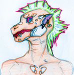  blue_eyes dragon ear_piercing female green_hair hair harpseal iguana irridia_kori lizard orange_skin piercing red_hair red_lips red_sclera reptile scales scalie solo white_scales 