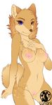  2016 anthro areola blue_eyes breasts brown_eyes brown_fur brown_nose canine english_text female fur heterochromia looking_at_viewer lunarii mammal navel nipples nude pink_nipples pussy simple_background solo text tuft white_background 