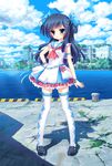  argyle argyle_legwear bangs black_hair blue_eyes blue_sky bollard building cloud cloudy_sky commentary_request day dress full_body hair_ornament hair_ribbon hairpin highres ichi_rin legs_apart long_hair looking_at_viewer original outdoors petticoat ribbon ruins sailor_dress shoes short_dress sky skyscraper sleeveless sleeveless_dress solo standing thighhighs two_side_up white_legwear zettai_ryouiki 