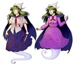  bow cape dress extra_arms full_body ghost_tail green_eyes green_hair hat highly_responsive_to_prayers highres knife long_hair mima moonywitcher multiple_views purple_bow purple_dress red_ribbon ribbon smile spirit story_of_eastern_wonderland touhou touhou_(pc-98) 