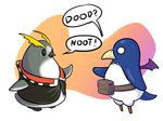  abstract_background alpha_channel ambiguous_gender avian belt blue_body clothing duo english_text ever_oasis gradient_background grey_body lesserdrawbro nintendo no_pupils noot prinny simple_background text video_games white_body yellow_body 