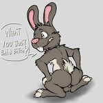  anthro backsack balls buckteeth butt dialogue english_text guil guil_bunny hands_on_hips lagomorph looking_away male mammal nude perineum rabbit rear_view solo speech_bubble spread_legs spreading teeth text 