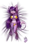  anthro big_breasts bikini breasts clothing dakimakura_design feline female hi_res looking_at_viewer lying mammal navel neylatl nipple_bulge on_back one_eye_closed simple_background simple_backgruond solo swimsuit white_background 