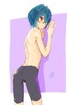  1boy from_behind green_hair high_speed! kirishima_ikuya looking_at_viewer male_focus red_eyes swim_trunks tataru_(pixiv_785179) topless 