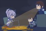  aoba_(kantai_collection) betchan brown_hair chibi fishing fishing_rod fubuki_(kantai_collection) furutaka_(kantai_collection) glowing glowing_eyes green_eyes kantai_collection low_ponytail multiple_girls night night_sky outdoors ponytail purple_eyes purple_hair school_uniform serafuku short_hair sky spotlight squatting yellow_eyes 