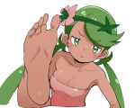  1girl barefoot blush creatures_(company) dark_skin feet female flower foreshortening game_freak green_eyes green_hair hair_flower hair_ornament mao_(pokemon) nintendo ookamiuo pokemon pokemon_(game) pokemon_sm pov_feet simple_background soles solo toes white_background 