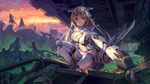  blonde_hair blue_eyes bodysuit breasts cleavage cleavage_cutout commentary_request gloves headgear highres long_hair looking_at_viewer mecha_musume medium_breasts monster original out_of_frame pinakes pov pov_hands reaching_out rubble ruins solo_focus squatting thighhighs white_gloves white_legwear 