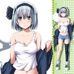  :o bare_shoulders black_jacket black_legwear blue_shorts blush blush_stickers breasts buttons collarbone contemporary eyebrows eyebrows_visible_through_hair full_body green_footwear hairband highres jacket konpaku_youmu konpaku_youmu_(ghost) large_breasts looking_at_viewer multiple_views navel nori_tamago off_shoulder open_clothes open_jacket parted_lips shirt shoes short_hair short_shorts shorts single_thighhigh sleeveless smile sneakers standing stomach tank_top tareme thighhighs touhou upper_body white_shirt 