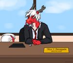  2016 anthro clothing dragon eastern_dragon hair horn horsefever male red_skin ring scalie scar simple_background solo styx_y._renegade tablet whiskers white_hair 