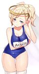  absurdres artist_name bad_id bad_pixiv_id blonde_hair blue_eyes blush breast_hold breasts character_name cleavage collarbone goyain hand_to_head head_tilt headgear highres large_breasts looking_at_viewer mechanical_halo mercy_(overwatch) name_tag one-piece_swimsuit overwatch ponytail school_swimsuit short_hair skin_tight solo swimsuit thigh_gap thighhighs white_legwear 