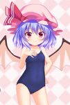  bad_id bad_pixiv_id bat_wings blue_hair competition_school_swimsuit hakuto_(28syuku) hand_on_own_chest hat mob_cap one-piece_swimsuit red_eyes remilia_scarlet school_swimsuit short_hair smile solo standing swimsuit touhou wings 