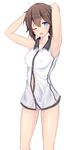  ;o armpits arms_behind_back arms_up bare_legs bare_shoulders blue_eyes breasts brown_hair collarbone collared_vest covered_nipples hayasui_(kantai_collection) kantai_collection large_breasts looking_at_viewer no_pants one_eye_closed open_mouth panties short_hair simple_background solo standing takeyuu underwear vest white_background white_panties white_vest wing_collar 