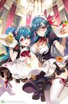  apron blue_hair breasts checkerboard_cookie cleavage cookie food large_breasts long_hair maid maid_apron maid_headdress multiple_girls original red_eyes siblings sisters smile thighhighs tob tray twintails wafer_stick white_legwear 
