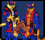  2016 anthro balls biceps big_bulge big_muscles blackbear brown_fur cat chance_furlong claws clothed clothing duo erection feline flight_suit fully_clothed fur hangar jake_clawson looking_at_viewer male mammal muscular muscular_male nipples pants paws penis precum stripes swat_kats uncut 