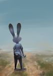  2016 anthro barefoot disney female holding_object judy_hopps lagomorph latex_(artist) mammal outside rabbit rear_view solo zootopia 