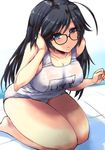  bespectacled black_hair blue_eyes breasts girls_und_panzer glasses isuzu_hana large_breasts long_hair name_tag one-piece_swimsuit pool school_swimsuit shinshin sitting smile solo swimsuit wariza water white_school_swimsuit white_swimsuit 
