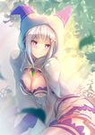  arm_support bangs blunt_bangs blurry blush breasts cleavage cleavage_cutout cloak closed_mouth day depth_of_field emerald emilia_(re:zero) eyebrows_visible_through_hair flower gem hair_ornament highres hood hooded_cloak large_breasts long_hair long_sleeves looking_at_viewer miniskirt outdoors pakupaku_choppu pleated_skirt purple_eyes re:zero_kara_hajimeru_isekai_seikatsu reclining silver_hair skirt smile solo sparkle sunlight tareme thighhighs white_legwear white_skirt x_hair_ornament 