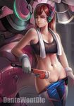  artist_name banned_artist bodysuit breasts brown_hair cleavage d.va_(overwatch) facial_mark gloves groin headphones highres long_hair mecha medium_breasts meka_(overwatch) midriff navel overwatch pants_pull pilot_suit pulled_by_self smile solo sports_bra sweat towel towel_around_neck whisker_markings wrench yinan_cui 