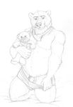  anthro balls bear briefs clothed clothing greyscale kneeling looking_at_viewer mammal monochrome neverwolf pecs pencil_(artwork) penis penis_base pinup pose smile teddy_bear topless traditional_media_(artwork) underwear underwear_pull 
