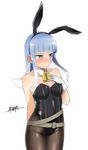  adapted_costume animal_ears arm_behind_back bare_shoulders belt black_legwear blue_eyes blue_hair blush bow bowtie breasts bunny_ears bunny_girl bunnysuit collarbone covered_navel detached_collar fake_animal_ears gloves gradient_hair hand_on_own_chest hatsukaze_(kantai_collection) kantai_collection leotard long_hair medium_breasts multicolored_hair pantyhose shinonome_yuu signature solo standing white_gloves white_hair 