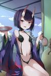  alcohol bikini black_hair bottle breasts cup deru06 fangs fate/grand_order fate_(series) horns japanese_clothes kimono navel off_shoulder oni oni_horns open_clothes purple_eyes sakazuki sake short_hair shuten_douji_(fate/grand_order) sitting small_breasts smile solo swimsuit 