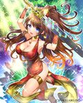 armpits arms_up bangs bare_shoulders blue_eyes breasts brown_hair china_dress chinese_clothes cleavage collar company_name dress eyebrows eyebrows_visible_through_hair floral_print fuji_minako high_heels holding holding_weapon jewelry large_breasts leaf leg_up long_hair looking_at_viewer official_art open_mouth pendant ponytail solo sparkle sword unmei_no_clan_battle weapon 