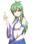  ahoge blue_dress detached_sleeves dress frog frog_hair_ornament green_hair hair_ornament hair_tubes highres kochiya_sanae kuroba_rapid long_hair looking_at_viewer smile snake snake_hair_ornament solo touhou wide_sleeves 