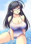  ahoge antenna_hair bare_shoulders bespectacled between_legs black_hair blue_eyes blush breasts cleavage collarbone competition_school_swimsuit covered_navel day girls_und_panzer glasses hand_between_legs isuzu_hana large_breasts long_hair looking_at_viewer one-piece_swimsuit open_mouth school_swimsuit shinshin sitting smile solo swimsuit twitter_username white_swimsuit 