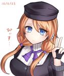  bangs blue_eyes bow coat commentary_request fingerless_gloves gloves hair_bow hair_over_shoulder hat high_collar highres looking_at_viewer low_twintails neit_ni_sei orange_hair original robot_ears simple_background smile solo twintails v white_background 