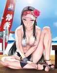  bikini black_bow black_hair bow flag flagpole flower hair_flower hair_ornament long_hair sandals shino_(comic_penguin_club) sitting solo sweat swimsuit very_long_hair 