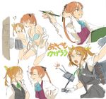  2girls ahoge akigumo_(kantai_collection) anger_vein blush bra brown_eyes brown_hair closed_eyes comic green_neckwear green_ribbon grin hair_ribbon holding holding_pencil kagerou_(kantai_collection) kantai_collection kuwabara_(medetaya) long_hair long_sleeves looking_at_another looking_to_the_side machinery mole mole_under_eye multiple_girls multiple_views neck_ribbon open_mouth panties pencil pleated_skirt ponytail ribbon school_uniform short_ponytail short_sleeves simple_background sketchbook skirt smile striped striped_panties translated twintails underwear undressing vest white_background yellow_ribbon 