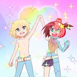  1girl ahoge alpha_omega_nova arm_up blonde_hair blue_eyes brown_hair clenched_hand couple hair_ornament heart hetero holding_hands luluco mt.somo multicolored_hair ribbon rotating_light scar school_uniform shirtless short_hair smile sparkle split_theme spoilers star star_hair_ornament streaked_hair sweater_vest torn_clothes uchuu_patrol_luluco 