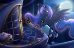  2016 balcony blue_eyes blue_feathers blue_fur blue_hair cake canterlot castle cloud crown cup cutie_mark equine feathered_wings feathers female feral flying food friendship_is_magic fur hair horn jewelry mammal moon my_little_pony necklace outside princess_luna_(mlp) sky smile solo spread_wings star sugaryviolet window winged_unicorn wings 