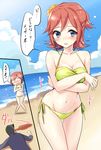  bikini black_hair blood blue_eyes blush breasts cleavage comic embarrassed hair_ornament highres kaname_buccaneer macross macross_delta medium_breasts messer_ihlefeld mohawk nosebleed oimo red_hair short_hair swimsuit translated 