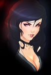  black_hair breasts choker cleavage collarbone formal highres large_breasts light_smile looking_at_viewer mole mole_on_breast mole_under_mouth parted_lips purple_eyes red_lips short_hair solo suit superboin the_witcher the_witcher_3 upper_body yennefer 