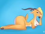  antelope big_butt blonde_hair breast_squish breasts brown_eyes butt disney female gazelle gazelle_(zootopia) hair hair_over_eyes hi_res horn mammal nipples nude pose scrabble007 smile solo voluptuous wide_hips zootopia 