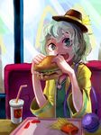  adapted_costume alternate_costume chips cup disposable_cup drink drinking_straw eating eyeball food french_fries green_eyes green_hair hamburger hat hat_ribbon highres indoors jewelry komeiji_koishi long_sleeves looking_at_viewer mcdonald's necklace nicahd open_mouth ribbon shirt short_hair sitting solo string third_eye touhou tray upper_body wide_sleeves 