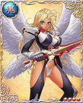  1girl angel angel_wings armor bastard!! blonde_hair blue_eyes breasts card_(medium) feathers holding holding_sword large_breasts legs long_hair looking_at_viewer michael_(bastard!!) mound_of_venus raised_eyebrows serious shoulder_pads simple_background solo standing sword thighs thong 