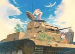  bird cloud commentary_request condensation_trail cosmic_(crownclowncosmic) day girls_und_panzer ground_vehicle hatch military military_vehicle motor_vehicle multiple_girls nishizumi_maho nishizumi_miho panzerkampfwagen_ii short_hair sky smile tank younger 