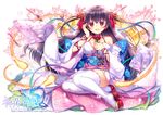  arm_ribbon bare_shoulders black_hair blush breasts capura_lin cherry_blossoms collarbone complex_saga copyright_name detached_sleeves fire flame floral_print flower full_body furisode hair_ribbon holding holding_flower japanese_clothes kimono kimono_skirt large_breasts long_hair looking_at_viewer obi parted_lips petals purple_ribbon red_eyes red_flower red_ribbon red_rose ribbon ribbon-trimmed_legwear ribbon_trim rose sandals sash sitting smile solo thighhighs very_long_hair watermark web_address white_background white_legwear 