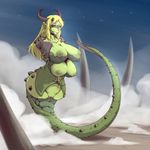  armless big_breasts black_sclera blonde_hair breasts detailed_background dragon female gamera green_skin hair horn huge_breasts legless long_hair multi_breast nipples nude pointy_ears pussy scalie smile solo wings yellow_eyes 