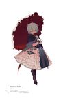  alternate_costume blue_hair boots cloak cross-laced_footwear dress flower frills full_body gloves holding holding_flower holding_umbrella lace-up_boots layered_dress long_sleeves looking_to_the_side no_hat no_headwear parasol petticoat red_eyes red_flower red_legwear red_rose rei_(sanbonzakura) remilia_scarlet rose shade short_hair simple_background solo standing star text_focus touhou umbrella white_background 
