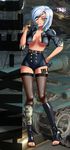 1girl blue_hair blush boots breasts cleavage eye_patch france gloves highres hips humanized jacket large_breasts original pantyhose pin_up red_eyes smile solo standing tanks tanned tenlann toes world_of_tanks wot 