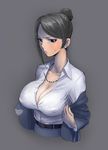  bad_id bad_pixiv_id bijin_onna_joushi_takizawa-san black_eyes black_hair breasts cleavage covered_nipples dated earrings formal hair_bun highres iku_(ikuchan_kaoru) jewelry large_breasts long_hair mole mole_under_mouth necklace office_lady pout solo suit sweat takizawa_kyouko tied_hair 