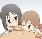  2girls aioi_yuuko fellatio minakami_mai multiple_girls nichijou penis sucking_testicles testicles 