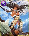  1girl animal arshes_nei bare_shoulders bastard!! black_hair blue_eyes breasts card_(medium) cleavage clouds dark_skin detached_collar floating_hair flying holding holding_sword large_breasts legs long_hair looking_at_viewer outdoors pointy_ears serious sky solo_focus standing sword thighs thong 