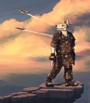  2016 aircraft airplane anthro armor biped boots canine cliff clothed clothing cloud coat digital_media_(artwork) dog ear_piercing eyewear fighterjet footwear gloves goggles gun handgun jet male mammal outside piercing pistol ranged_weapon rock sky solo standing weapon 